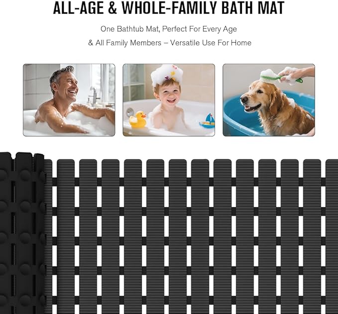 MBOSS Bath Tub Shower Mat Non Slip Bathtub Mats for Bathroom Shower Floor Mat Bath Mats for Shower Tub Anti Slip Shower Mat with Drain Hole and Large Suction Cups (Black, 27.5 X 15.7 Inch)