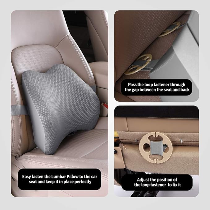 Memory Foam Lumbar Support Pillow for Car - Back Support for Car Seat (Gray)
