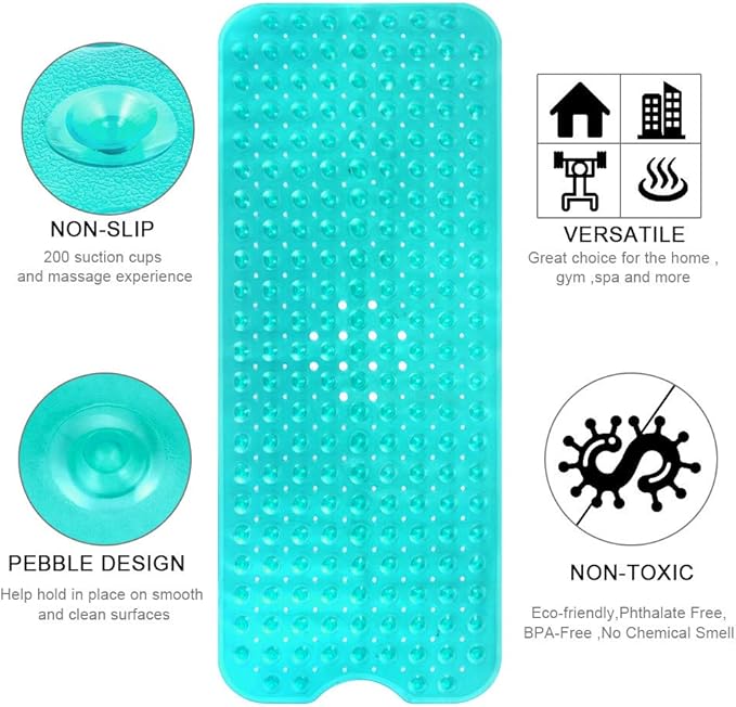 YINENN Bath and Shower Safety Mats 40x16 inch, Non Slip with Suction Cups for Bathroom Stall and Tub Floor, Extra Large and Machine Washable, Drain Holes Keep Bathtub Clean, Green