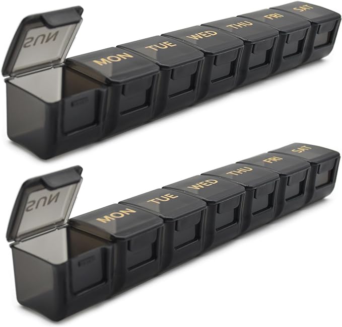 2 Pack Weekly Pill Organizer, Large 7 Day Pill Case, Daily Vitamin Case Medicine Box, AM/PM Pill Containers for Medicine Supplements Fish Oil (Black & Black)