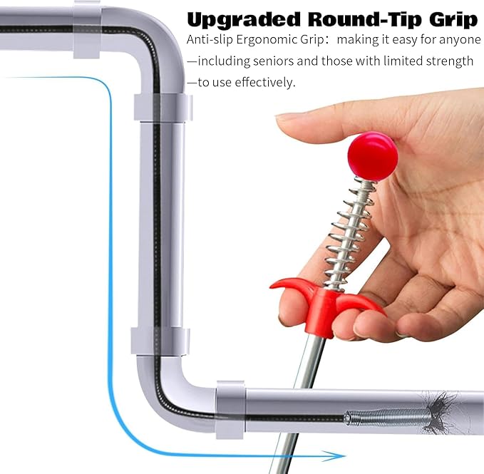 Upgraded Drain Snake, 61 inch plumbing snake，Sink Snake Drain Clog Remover for Sewer Kitchen Bathroom