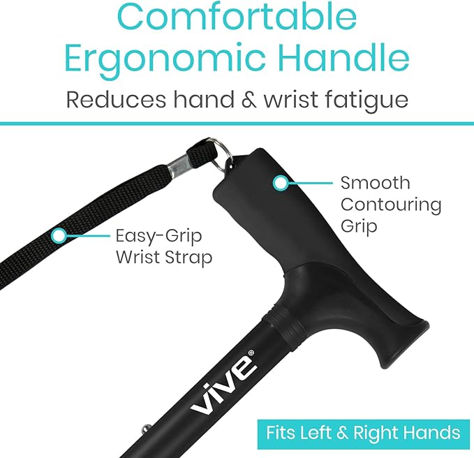 Vive Folding Cane - Foldable Walking Cane for Men, Women - Fold-up, Collapsible, Lightweight, Adjustable, Portable Hand Walking Stick - Balancing Mobility Aid - Sleek, Comfortable