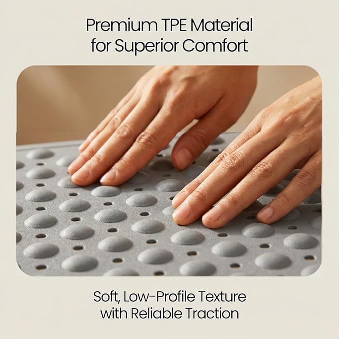 Minimalist TPE Bathtub Mat Non Slip for Tub & Shower, Bath Mat with Strong Suction Cups, Soft Comfortable Shower Mat, Quick Drain Holes, Machine Washable, Large Light Grey Mats, 27.5’’ x 16’’
