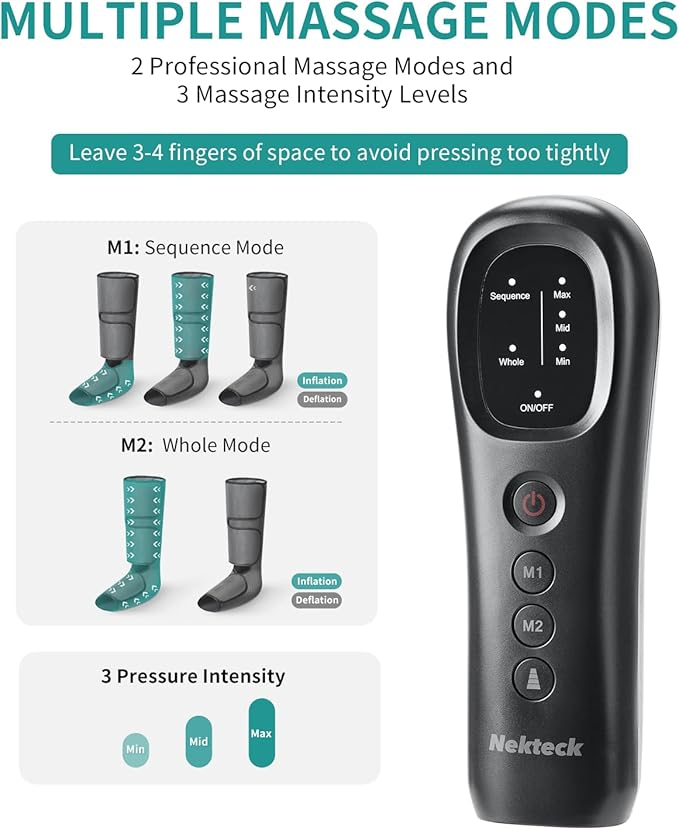 Nekteck Leg Massager for Circulation and Relaxation, Air Compression Foot and Calf Massager to Relieve Pain Edema Swelling with 2 Size Extensions, Massage Tools for Mom Dad Men Women