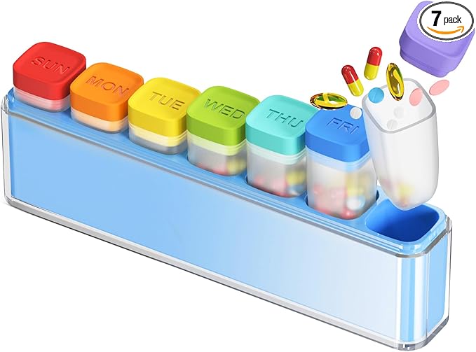 Weekly Pill Organizer 1 Time a Day, HIONXMGA Detachable Travel Pill Box 7 Day, Large Medicine Pill Case Container for Daily Medication Vitamin Supplement Fish Oil, Portable Week Pills Holder, Blue