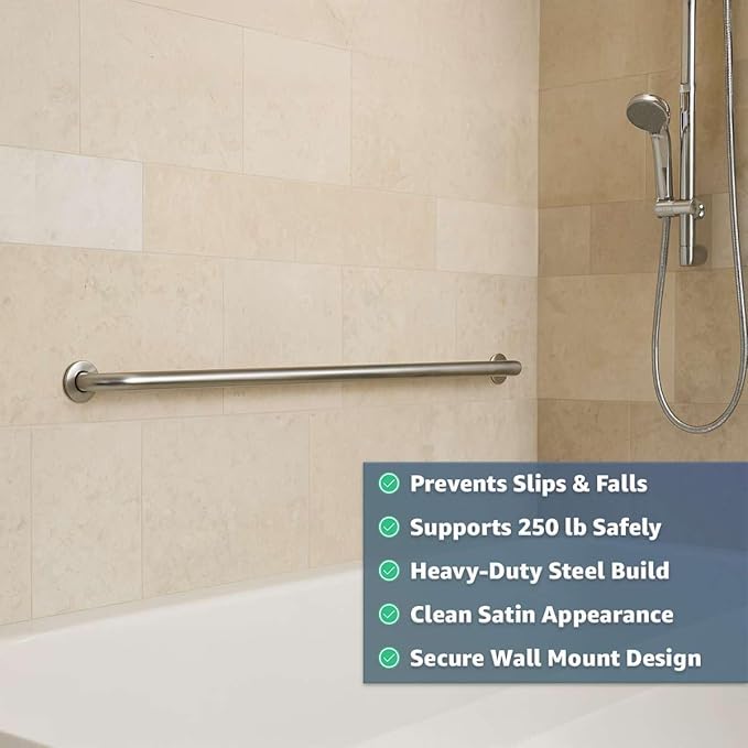 48" Restroom Grab Bar - Stainless Steel Wall Mounted Bathroom Safety Rail for Elderly, Shower or Toilet Use - 250 lb Weight Capacity - Commercial Grade Straight Grab Bar with Satin Finish