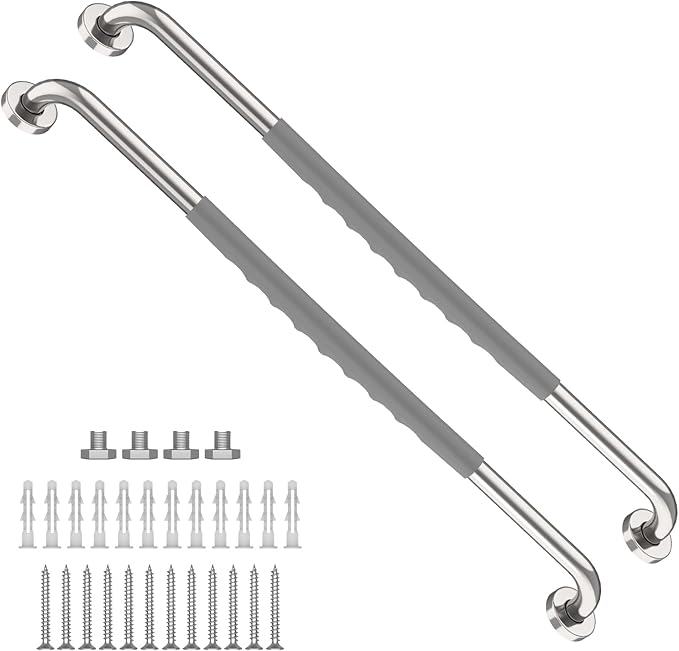 32 Inch Shower Grab Bar 2 Pack, Munzong Chrome Stainless Steel Bathroom Grab Bar w/Anti Slip Gray Rubber Grip, Bathroom Balance Bar,Safety Handrail Support,Handicap Elderly Senior Assist Bath Handle