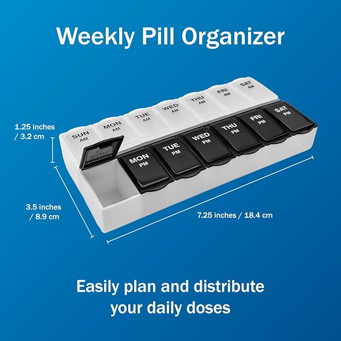 Amazon Basic Care 7-Day AM/PM Pill Organizer, Vitamin Case and Medicine Box with Large Compartments, 2 Times a Day, Black and Clear Lids (Pack of 2)