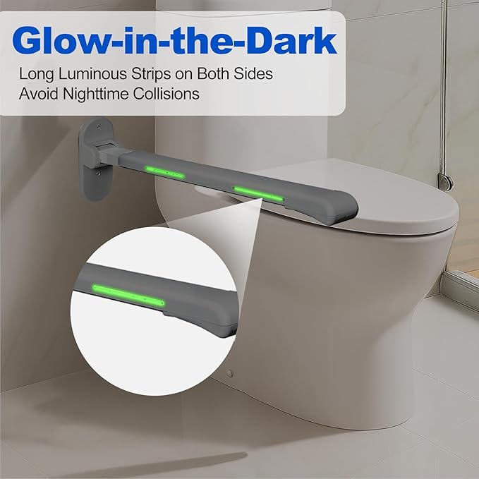 SPECILITE Toilet Grab Bar - 445lb Heavy Duty Support, Waterproof & Non-Slip Safety Rail for Bathroom, Wall-Mounted Flip-Up Handrail with Night Glow Strips, for Seniors, Elderly, Handicap & Pregnant