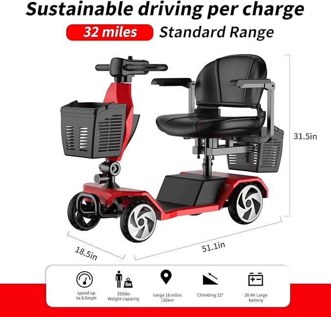 20A 32 Miles Electric Mobility Scooter for Adults Wheelchair Device for Travel, Elderly. 350 lbs Max Weight, 350W Heavy Duty Mobility Scooters for Seniors wiht Two Baskets(Y3-RED)