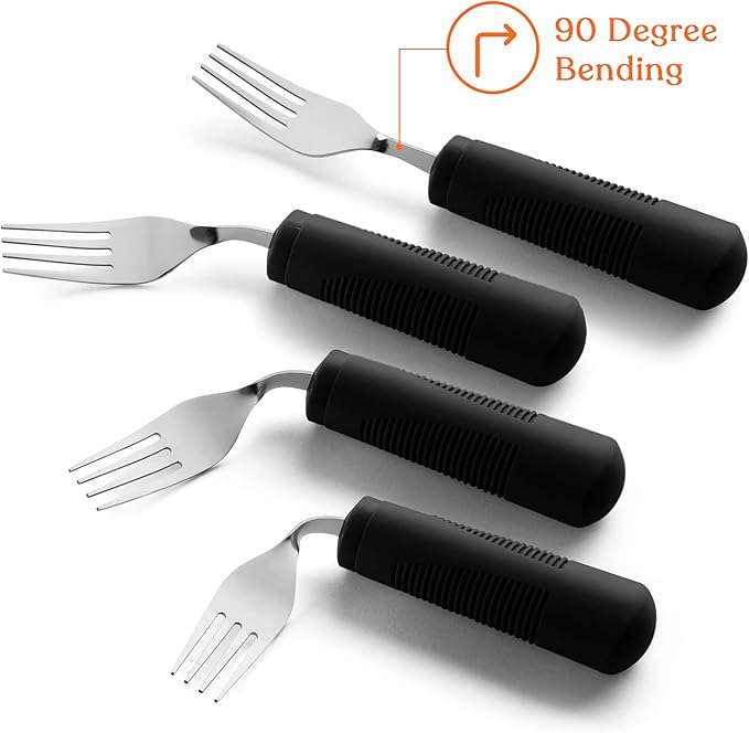 Special Supplies Adaptive Utensils (4-Piece Kitchen Set) Weighted, Non-Slip Handles for Hand Tremors, Arthritis, Parkinson’s Elderly use - Stainless Steel Knife, Fork, Spoons (Black Weighted Bendable)