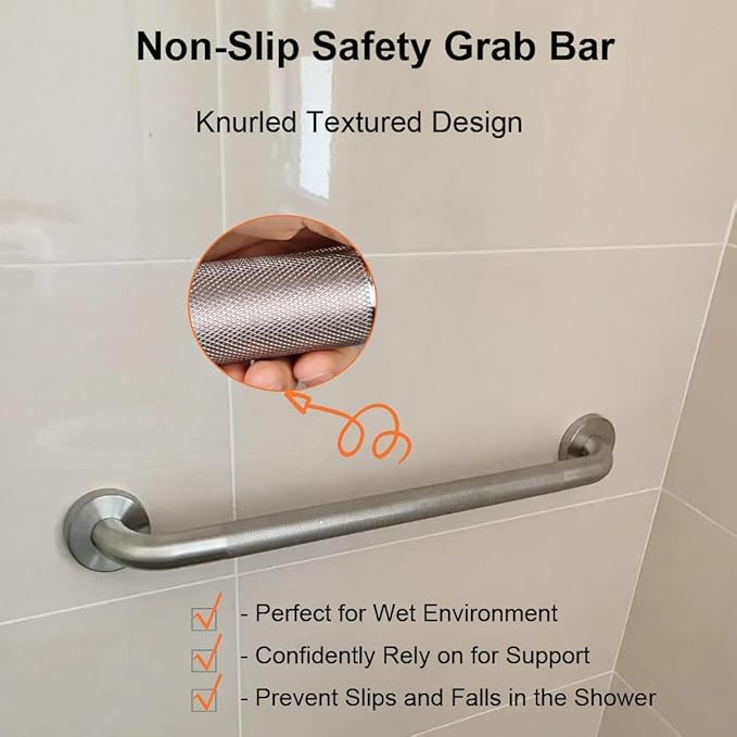 24 Inch Shower Grab Bars for Seniors, 2 Pack Brushed Nickel Stainless Steel ADA Grab Bars with 1.25'' Diameter Anti-Slip Textured Surface, Shower Safety Hand Rails for Elderly Handicapped