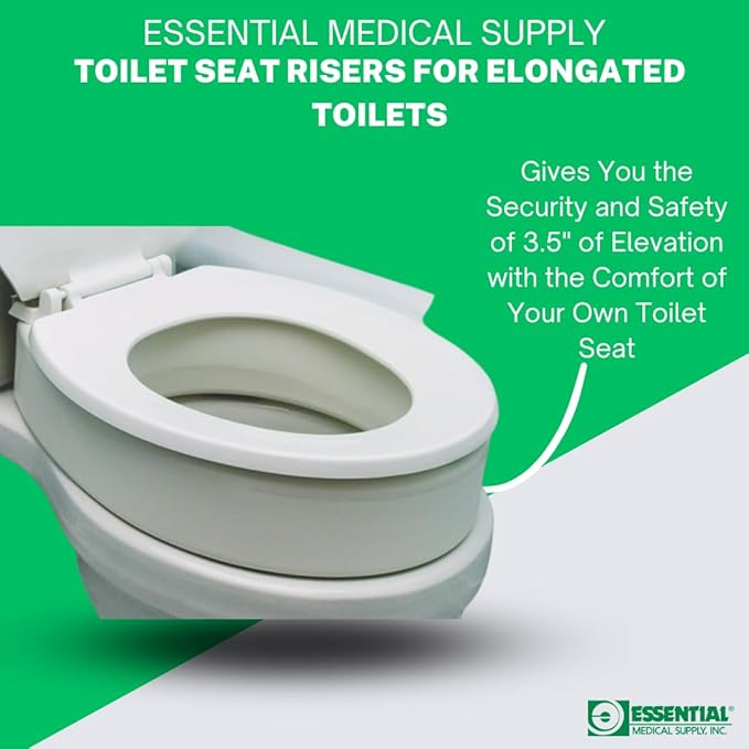 Essential Medical Supply Standard Bowl Round Toilet Seat Riser with 3.5" Rise - 17.5" x 13.5" x 3.5", Elevating and Raising Toilet Seat for Seniors, Adults and The Elderly with 300lb Weight Capacity