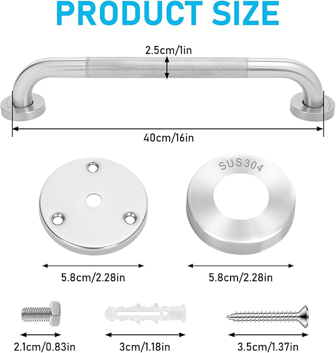 2-Pack, Shower Grab Bars & Bathtub Safety Handles - 304 Stainless Steel Textured Non-Slip Assist Rails for Anti-Fall Support in Tub, Shower, and Toilet Areas (Silver, 16 Inch)