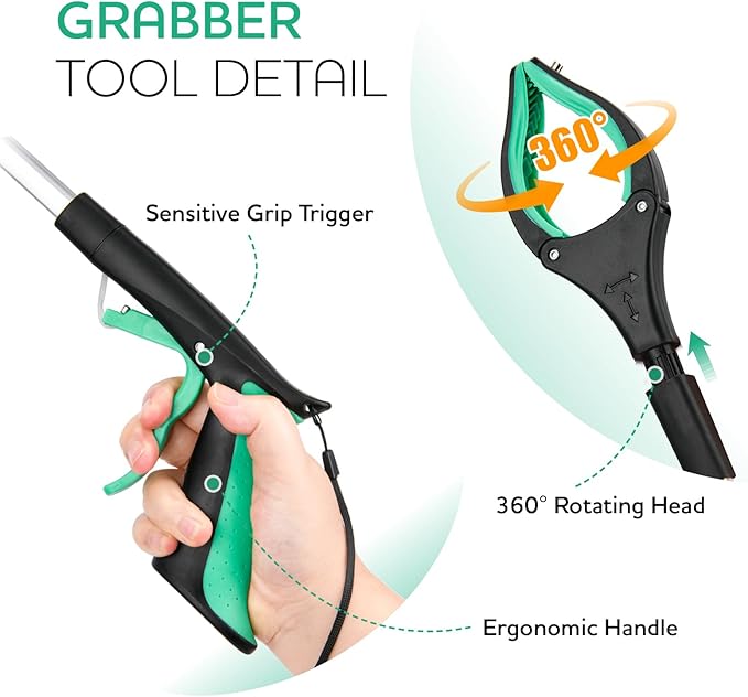 37.4 inch 2024 Upgraded Edition Grabber reahcer Tool,Foldable Reacher Grabber Pickup Tool with Strong Grip Magnetic,360°Rotating Anti-Slip Jaw,Trash Picker Tool for Outdoor & Indoor (Green)