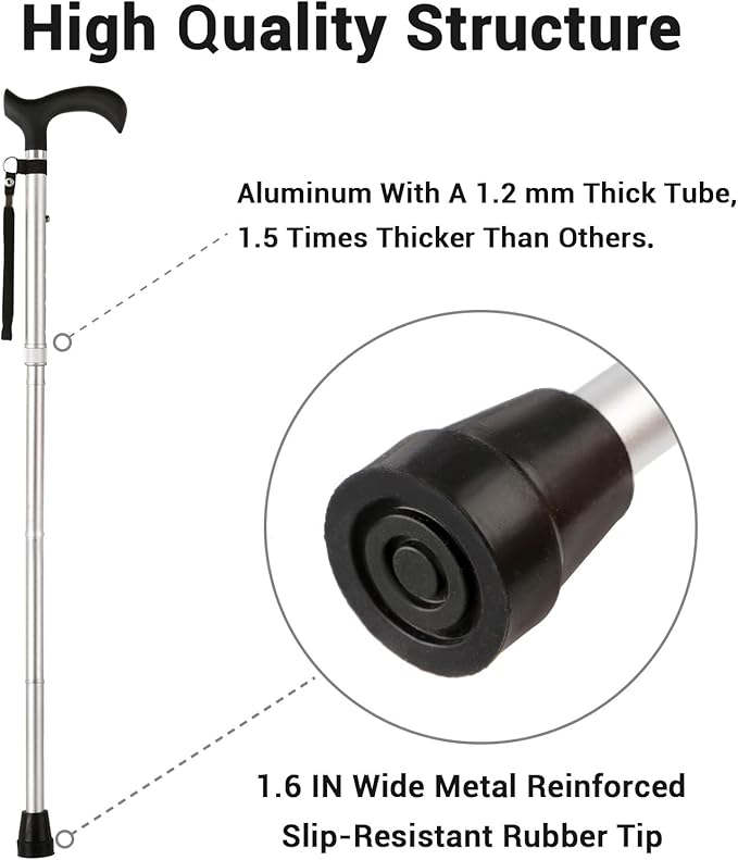 Folding Cane, 5-Level Adjustable Height Lightweight Portable Foldable Walking Canes with Wrist Strap and T Handle for Men Women Seniors