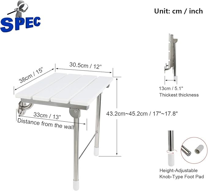 Folding Shower Seat Wall Mounted with Legs, Foldable Shower Chair for Inside Shower, Fold Down Shower Bench for Seniors (White, Fixed Height)