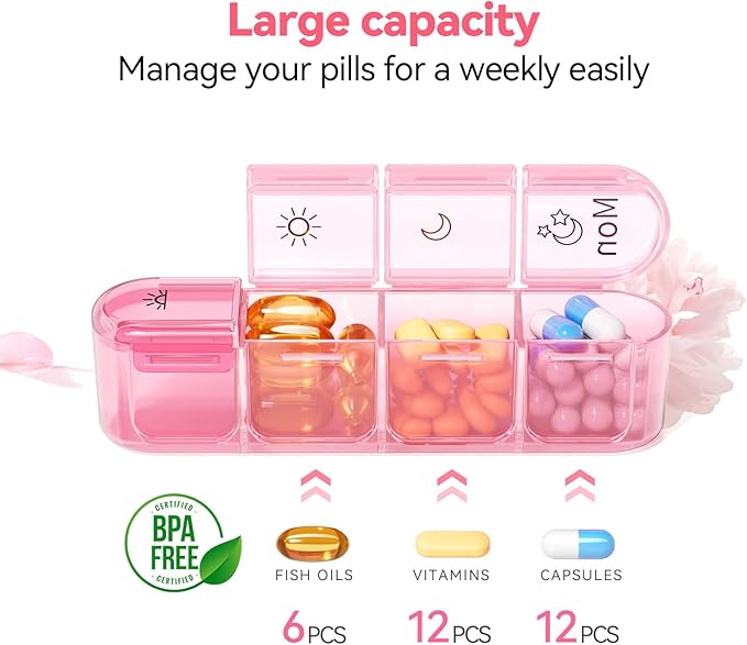 Zoksi Pill Organizer 4 Times a Day, BPA Free Weekly Travel Pill Box，Daily Pill Case with 28 Compartments to Hold Medicine, Vitamin and Supplement(Pink)