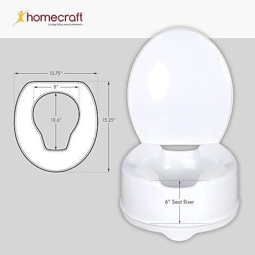 Homecraft Savanah Raised Toilet Seat with Lid, 6" Elevated Seat for Seniors, Universal Fit for Most Standard Toilets, Portable & Tool-Free, Seat Riser, Ergonomic Design, White