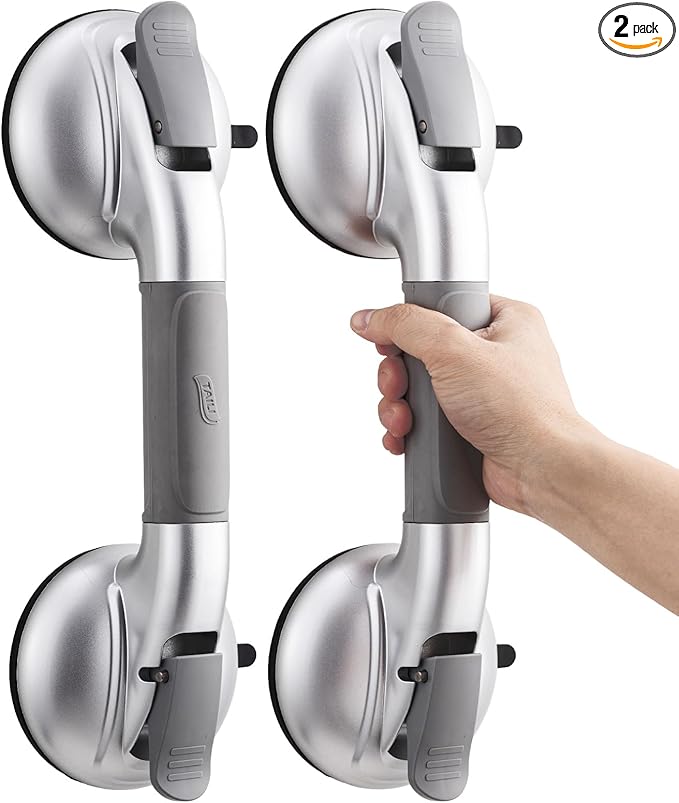 TAILI Grab Bars for Bathtubs and Showers,2 Pack Shower Handles for Elderly Suction,Maximum 330lbs,Shower Bar with Upgraded Rubber Suction Cups,Safety Grip for Senior, No Drilling Removable,Silver