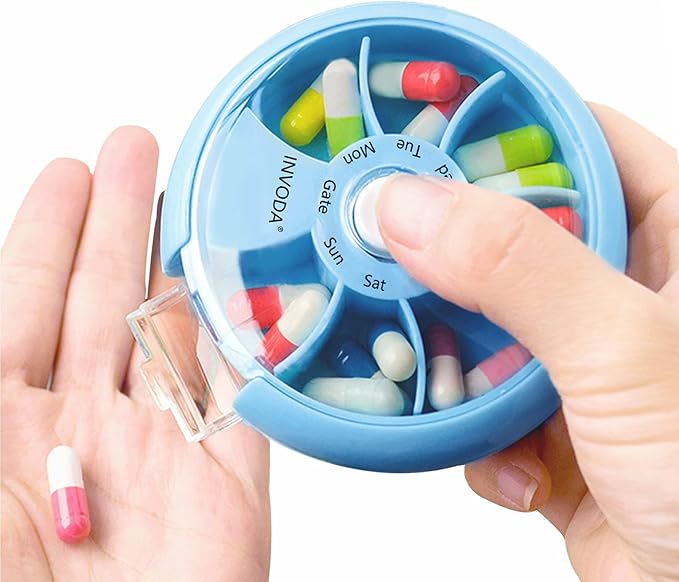 INVODA Weekly Pill Organizer 7 Compartment Rotating Pill Box for Daily Medication & Vitamins - Portable Travel Pill Case Fish Oil Supplements Vitamins Organizer (Pink+Blue)