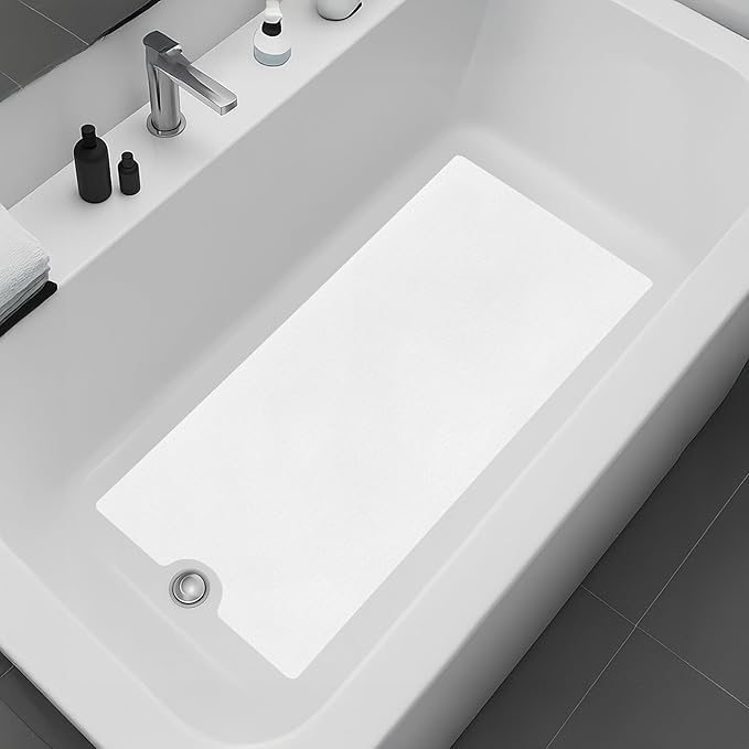 Peel and Stick Bathtub Mat - White Adhesive Vinyl Anti Slip with Drain Cut Out - Non Slip Shower Bath Mat - Extra Long Bathroom Accessory for Wet Area 16" X 40" - White