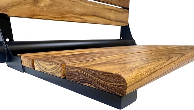 Teak Shower Seat Bench with Back - Wall Mounted Fold Up Shower Seat, Waterproof Folding Teak Bath Chair for Seniors, 304 Stainless Steel Frame, with 300 lbs Capacity - 18" Length, Matte Black
