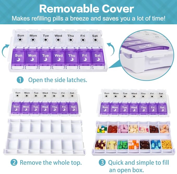 Shintop Am Pm Pill Organizer 7 Day, Push Button Weekly Pill Box 2 Times Removable Lid Medication Case Easy Fill Day Night Vitamin Container for Fish Oil Supplements (Purple & White)