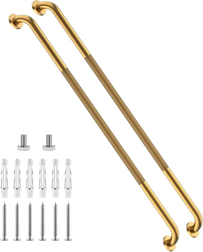 48 Inch Anti Slip Shower Grab Bar, 2 Pack Munzong Bathroom Grab Bar for Showers, Gold Knurled Handicap Balance Bar,Safety Hand Rail Support Elderly Senior Assist Bath Handle