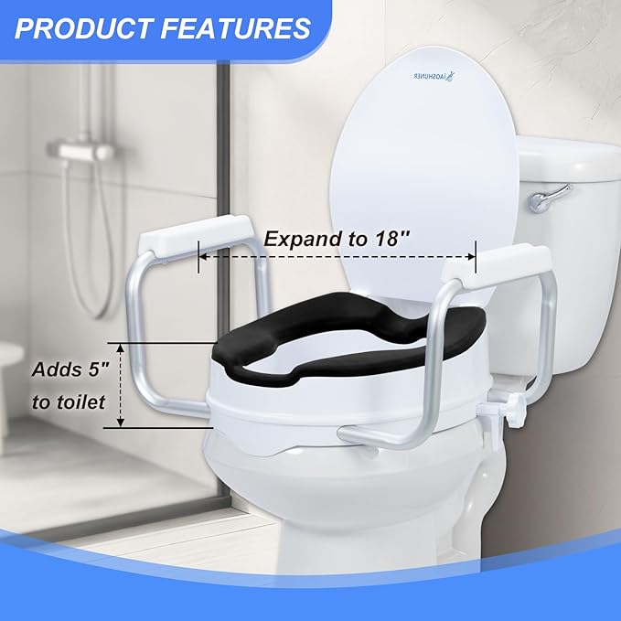 Raised Toilet Seat with Handles for Seniors - Adds 5 Inch - Elevated Toilet Seat Riser with Cushion - Supports 300 lbs - for 16'' Standard/Round Toilet - Includes Lid, Black
