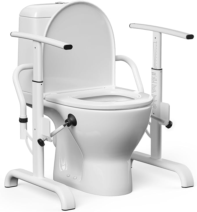 Toilet Safety Rails for Seniors, 350lbs Heavy Duty Toilet Safety Frame & Grab Bars, Triple Stability with 2 Suction Cups & Rear Bar, Adjustable Height & Width Toilet Rail