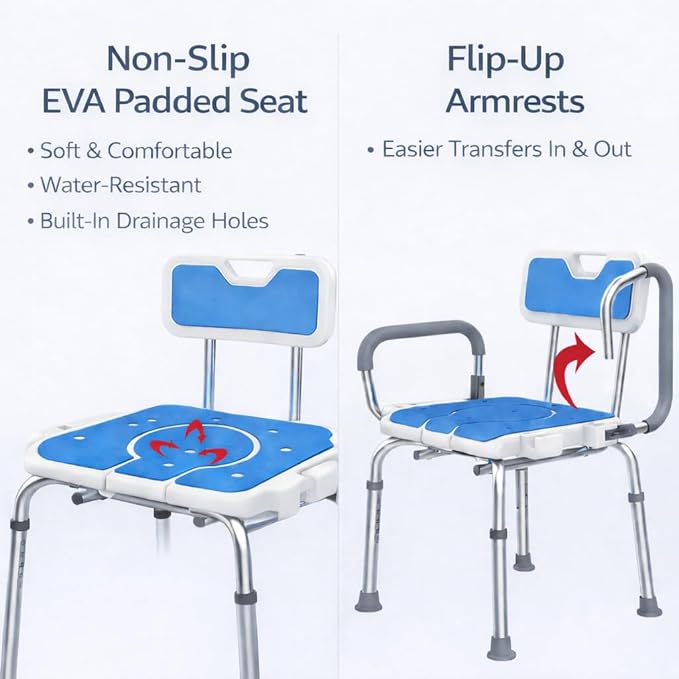 Shower Chair and Commode Combo with Flip-Up Armrests, Adjustable Bath Seat with Hole, Rust-Resistant Non-Slip Bathroom Bench for Seniors and Adults, White & Blue