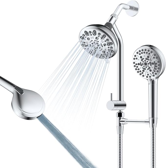 All Metal Dual Shower Head Easy Reach, High Pressure 10-Spray Handheld & Rainfall Shower Head Combo with Shower Extension Arm, 71" Hose, 3-way Diverter, Brass Shower Bracket, Chrome