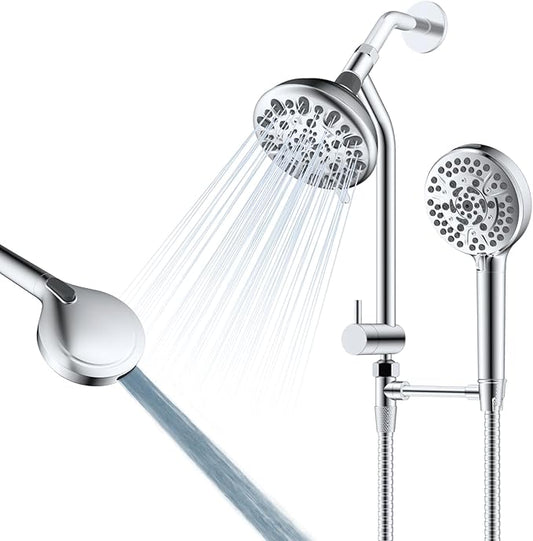All Metal Dual Shower Head Easy Reach, High Pressure 10-Spray Handheld & Rainfall Shower Head Combo with Shower Extension Arm, 71" Hose, 3-way Diverter, Brass Shower Bracket, Chrome