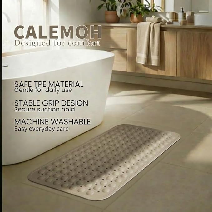 Minimalist TPE Bathtub Mat Non Slip for Tub & Shower, Bath Mat with Strong Suction Cups, Soft Comfortable Shower Mat, Quick Drain Holes, Machine Washable, Beige Mats, 27.5’’ x 16’’