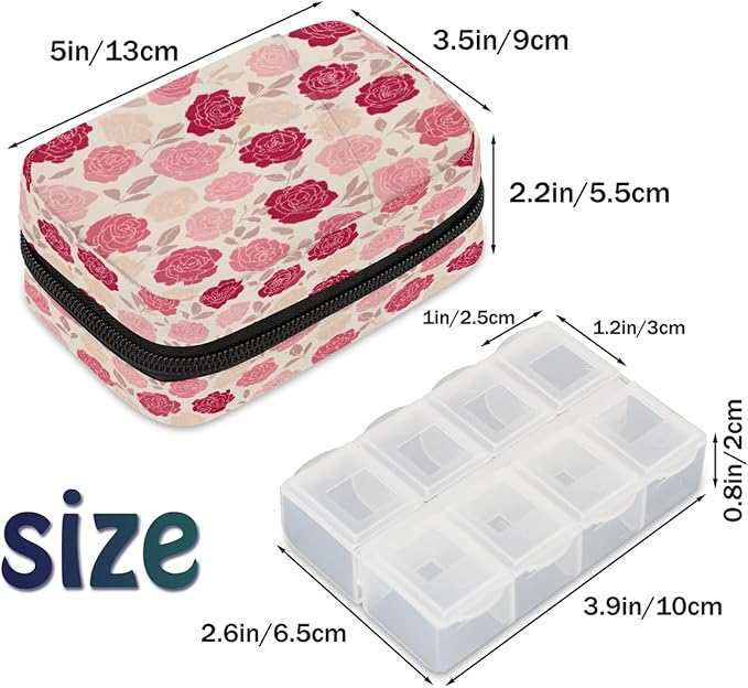 Weekly Travel Pill Organizer Case for Purse with Removable 7 Day Box Portable Compact Size Pill Box Fashionable Pill Container for Medicine Vitamin Supplement Rose Pink Flower