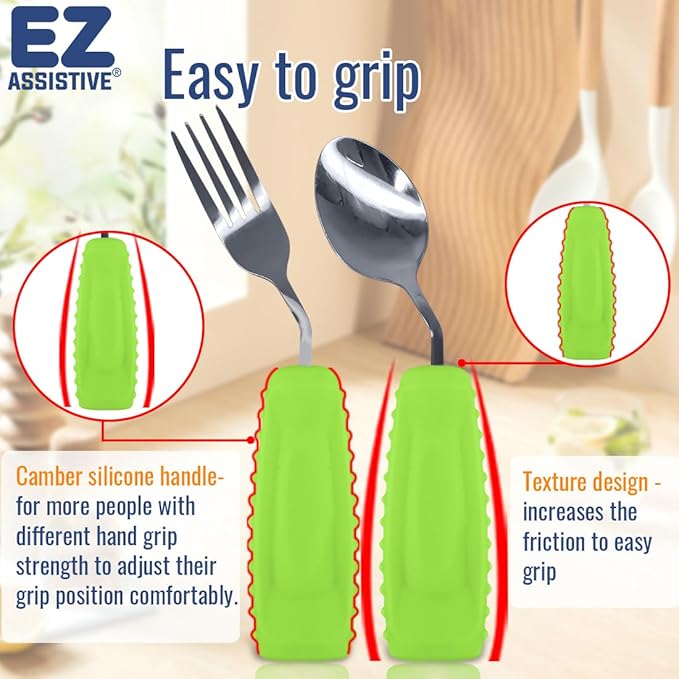 Adaptive Utensils Set – Ergonomic Angled Fork & Spoon for Parkinson's, Tremors, and Stroke Recovery – Weighted Utensils for Hand Tremors, Non-Slip Silicone Grip, Dishwasher Safe