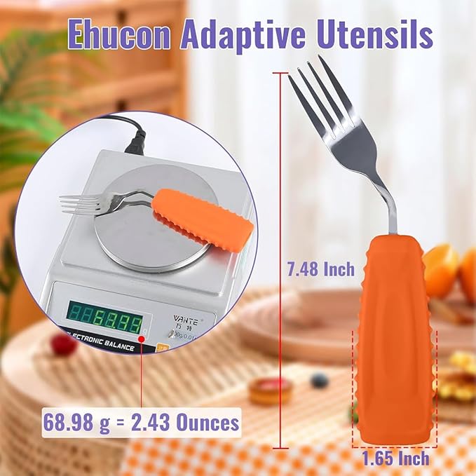 Adaptive Utensils Angled Spoon and Fork for Hand Tremors Parkinsons,Weighted Utensils with Non-Slip Easy Grip Handles for Independent Eating (1pcs Spoon+1pcs Fork=2 pcs,Orange,Right Hand)