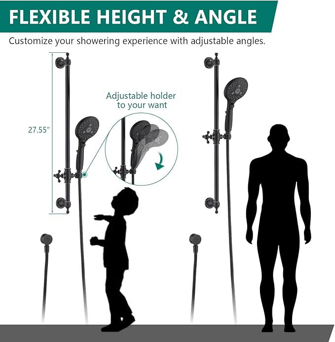 Handheld Shower Head with Slide Bar Combo, 6 Settings Handheld Shower with ON/OFF Pause Switch, Adjustable Height 27.5" Long Slide Bar, Wall Supply Elbow, 6.6ft Shower Hose, Oil Rubbed Bronze