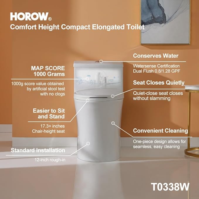 HOROW T0338W Compact One Piece Toilet with Comfort Chair Seat ADA Height 17.3", Elongated Dual Flush 0.8/1.28 GPF, Standard White Toilet Bowl