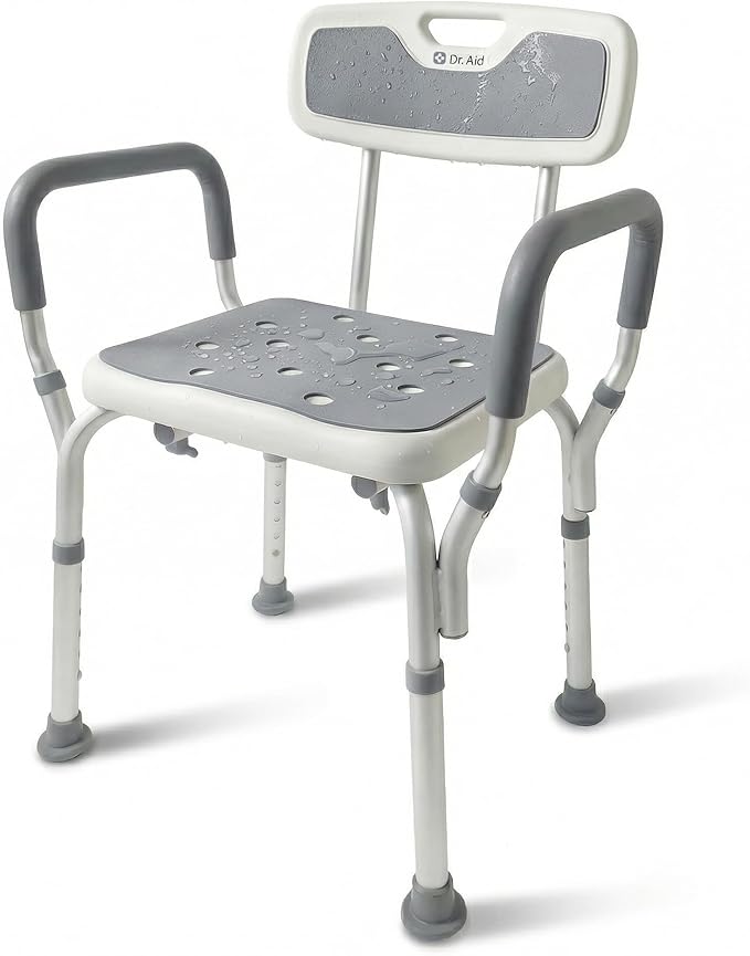 Dr. Aid Shower Chair for Inside Shower - 400 lbs, 6-Height Adjustable Shower Bench with Arms & Back for Adults, Seniors & Disabled - Tool-Free Assembly, Anti-Slip Bathroom Seat for Tub & Small Showers