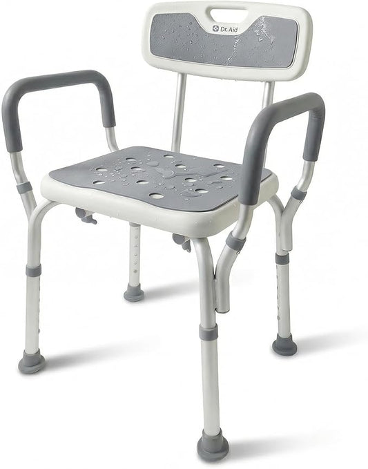 Dr. Aid Shower Chair for Inside Shower - 400 lbs, 6-Height Adjustable Shower Bench with Arms & Back for Adults, Seniors & Disabled - Tool-Free Assembly, Anti-Slip Bathroom Seat for Tub & Small Showers