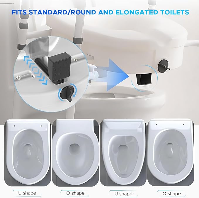 Raised Toilet Seat with Handles– 4-Legged Adjustable Toilet Riser for Seniors, Thickened Aluminum Alloy Frame, Non-Slip Safety Rails, Enhanced Stability (Grey & White)