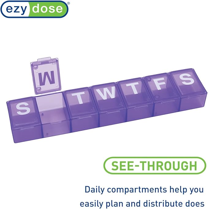 EZY DOSE Weekly (7-Day) Pill Organizer, Medicine Planner, Vitamin Storage Box, Convenient and Easy to Use, Medium Compartments, Case for Supplements and Fish Oils, Travel Friendly, Purple, BPA Free