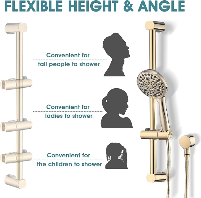 Hand Shower with Slide Bar, High Pressure 10 Setting Handheld Shower Head, Adjustable Height 24" Slide Bar, Wall Supply Elbow and 6.6ft Extra Long Shower Hose - Gold