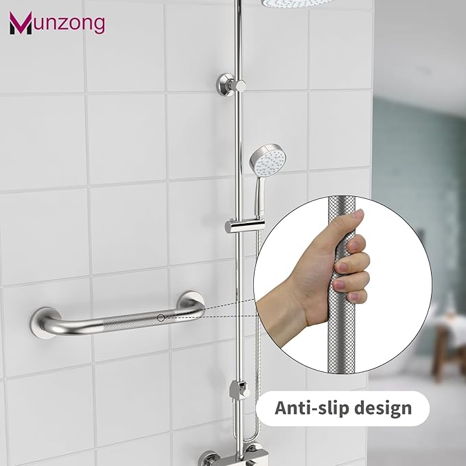 12 Inch Anti Slip Shower Safety Bars,Munzong 2 Pack Bathroom Grab Bars for Bathtubs and Showers,Brushed Nickel Knurled Handicap Balance Bar,Safety Hand Rail Support Elderly Senior Bath Handle