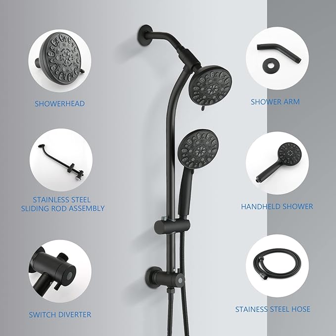 High Pressure 48-Settings Shower Head with Handheld Shower,Drill-Free 3-Way Diverter for Easy Reach,Adjustable Height Slide Bar Dual Shower Head Combo Set - Matte Black