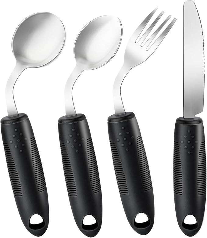 AuntyFey 4Pcs Weighted Adaptive Utensils, 45°Angled Parkinsons Utensils for Elderly, Weighted Utensils for Hand Tremors, 3.5oz Weighted Built Up Utensils for Parkinson, Disabled, Black, Left-Handed