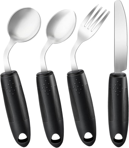 AuntyFey 4Pcs Weighted Adaptive Utensils, 45°Angled Parkinsons Utensils for Elderly, Weighted Utensils for Hand Tremors, 3.5oz Weighted Built Up Utensils for Parkinson, Disabled, Black, Left-Handed