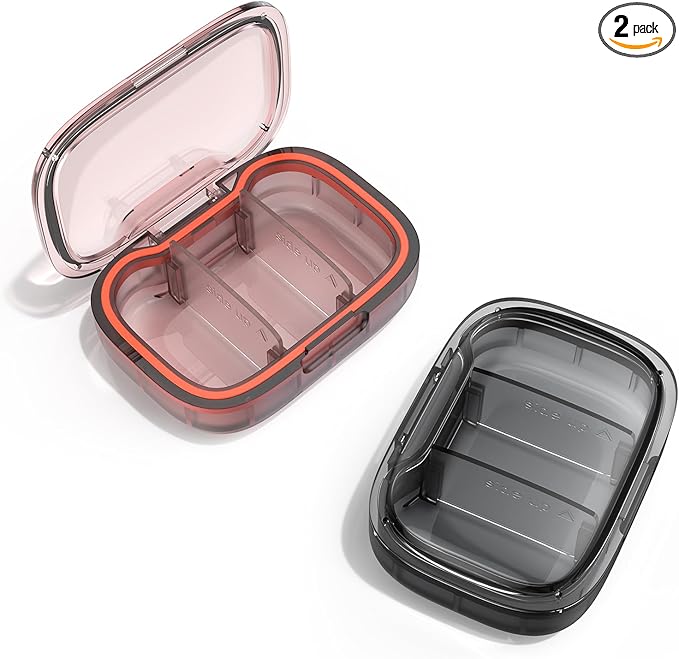 2 Pack 3 Compartment Small Pill Box, Moisture Proof Pill Case, Travel Pill Organizer for Pocket Purse, Daily Portable Medicine Vitamin Box, Fish Oil Box, Supplement Box (Black+Orange)